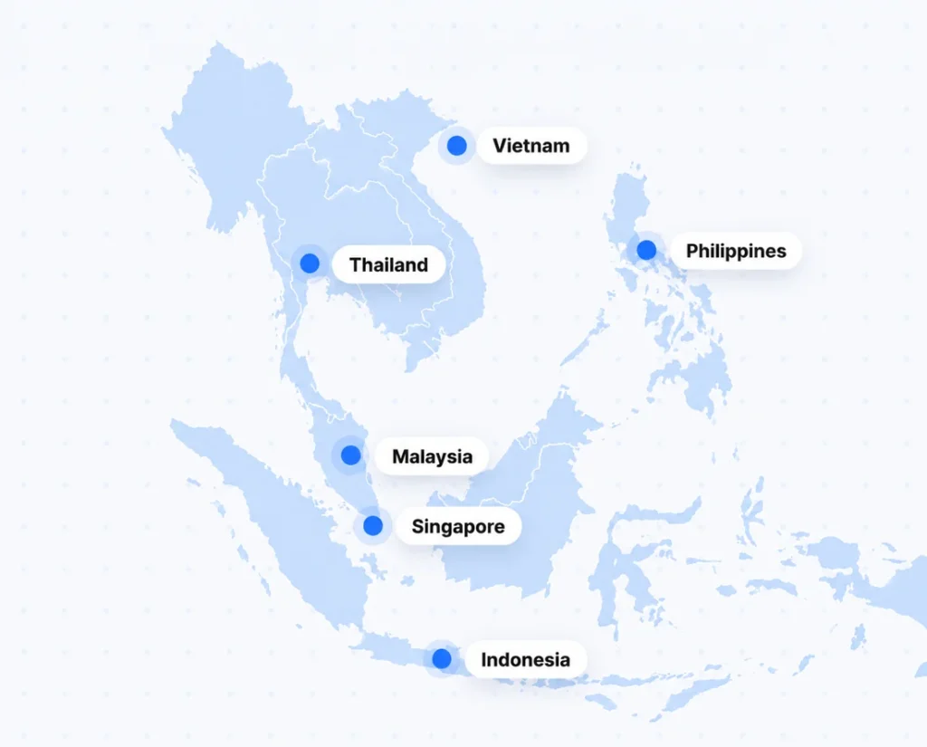 Narrators Southeast Asia coverage map: Singapore, Malaysia, Indonesia, Thailand, Vietnam, Philippines