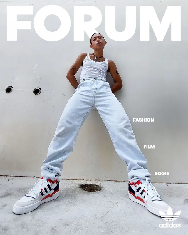 Creator fashion content styled as Adidas Forum magazine cover