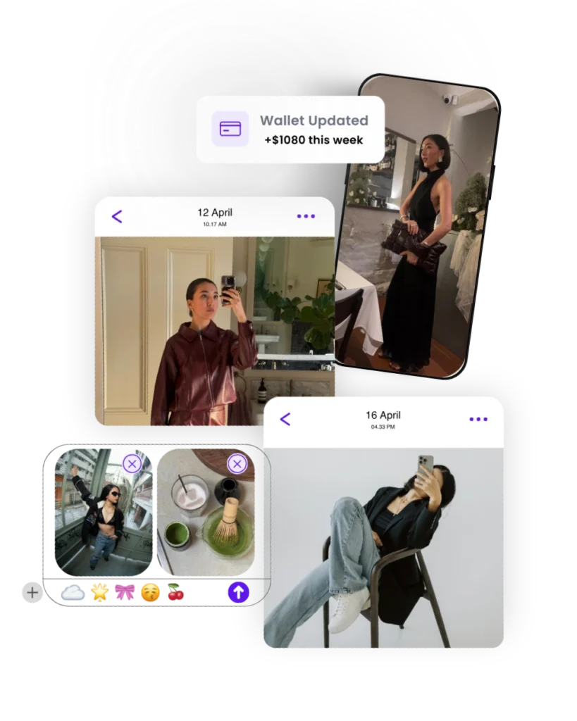 Narrators influencer page preview showing influencer earnings tracking and collage of content
