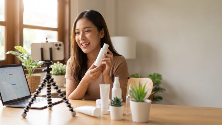 Creator filming a skincare review on her phone for an 11.11 influencer marketing campaign, calendar open on her laptop