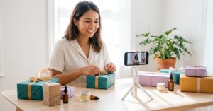 Holiday influencer marketing: a creator filming a gift guide at home with wrapped gifts and skincare products