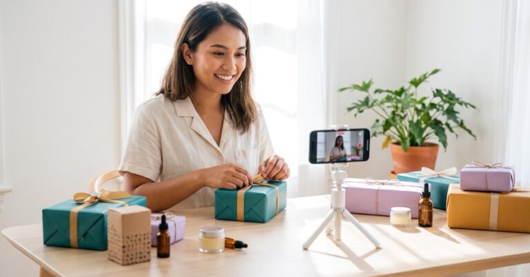Holiday influencer marketing: a creator filming a gift guide at home with wrapped gifts and skincare products