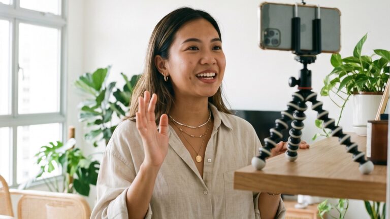Creator filming a video for savvy shoppers in Southeast Asia, smiling at a phone on a tripod at home